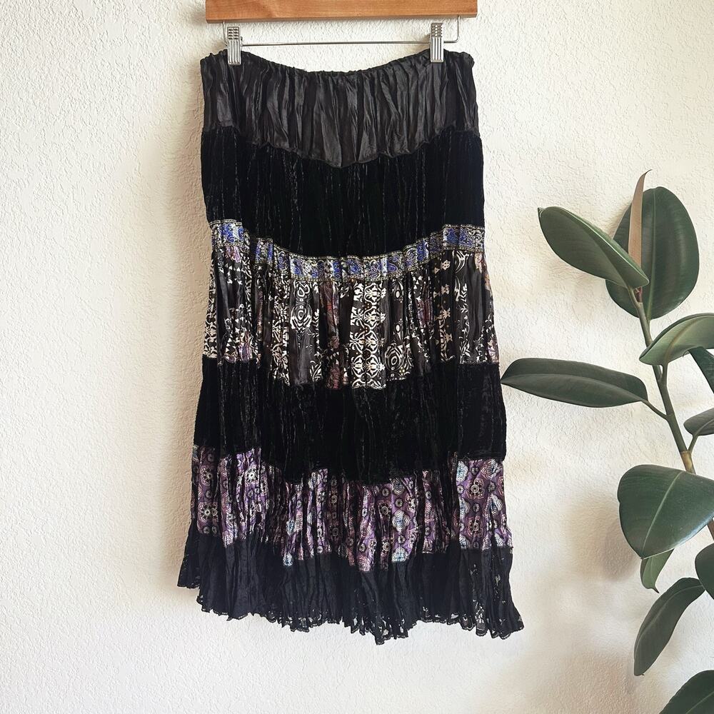 Whimsygoth Midi Skirt Patchwork M/L Handmade Tiered Faircy Boho 90s Y2K Witchy